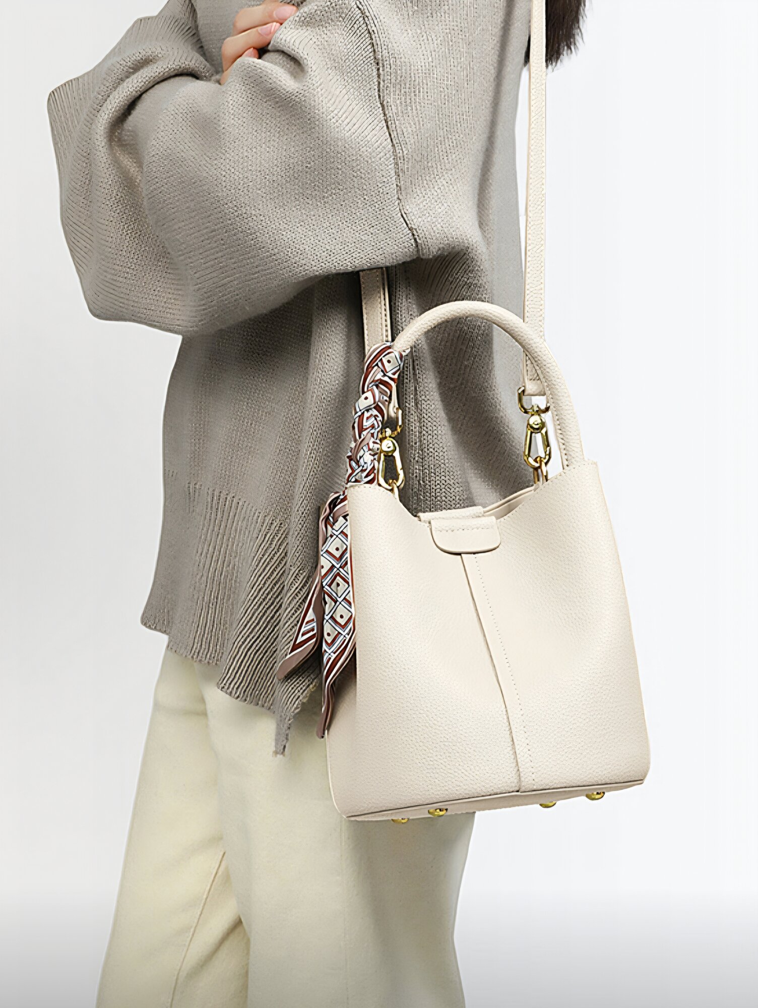 Сумка ведро VINEY из натуральной кожи, VINEY, фактура гладкая, светло-бежевый