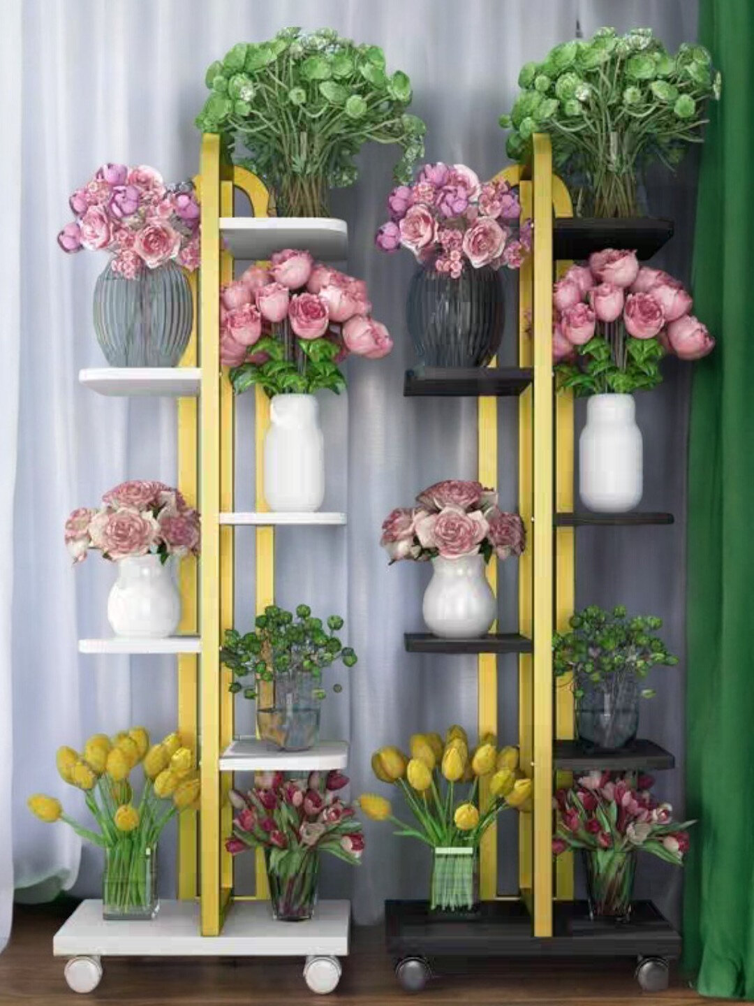 Железная подставка для цветов из 5 слоев для украшение сада цвет золотой 22x46x101см