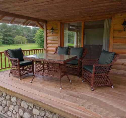 Изображение товара Комплект плетеной мебели из искусственного ротанга "Лайм" велес на 4 персоны с подушками Стол+Лавка+2 кресла (Черешня)