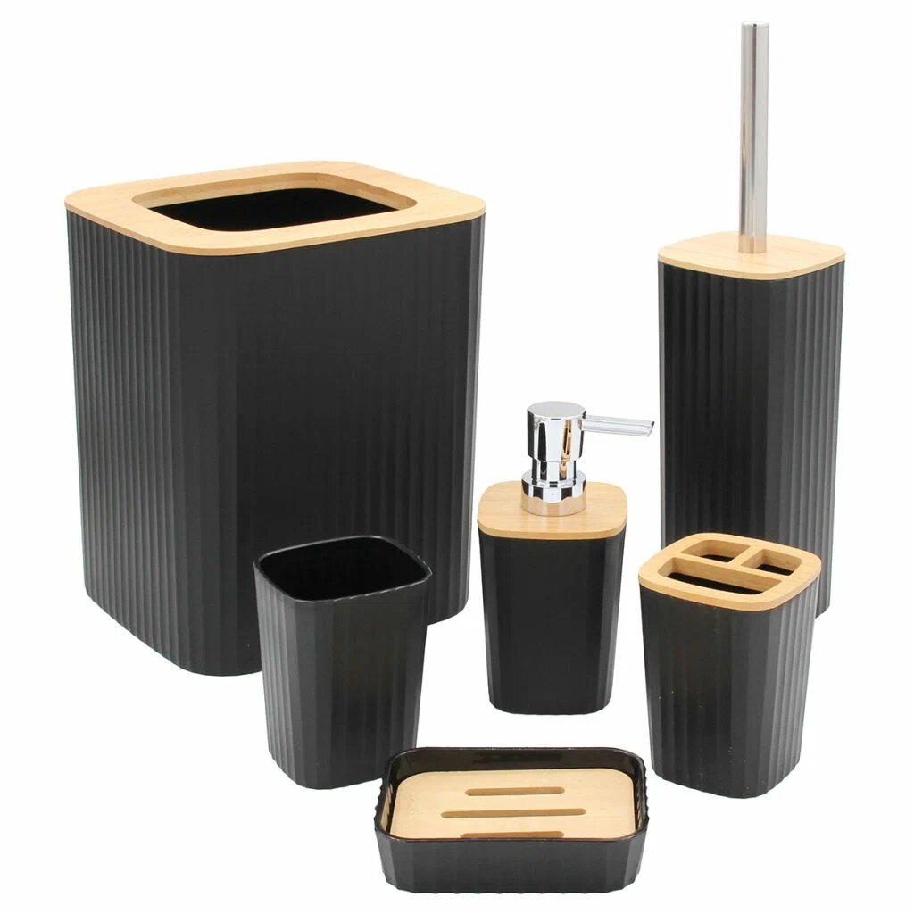 Бамбук и дизайн: стильный черный набор аксессуаров из 6 предметов для ванной лаборатории и туалета.