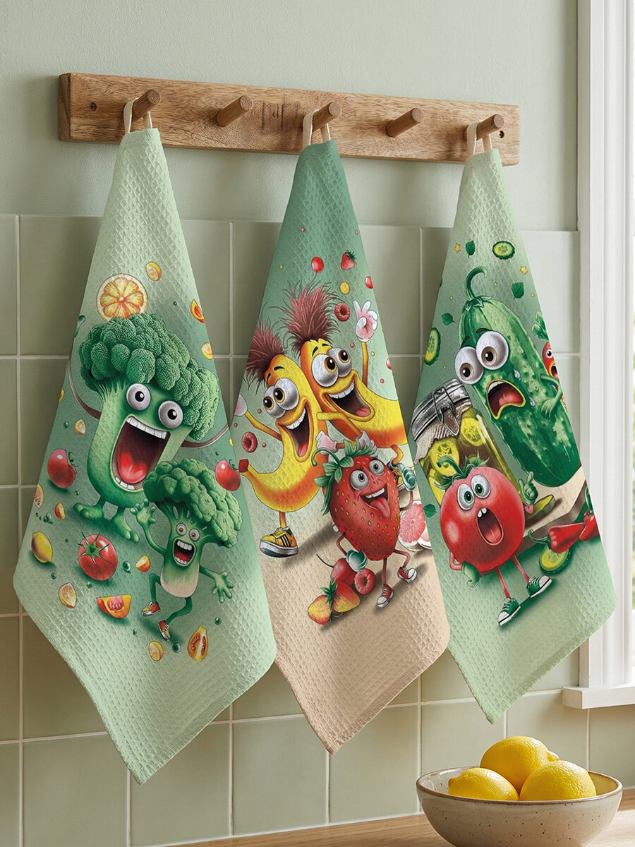 Набор кухонных полотенец MILANIKA Овощи, набор из 3 штук, 45 х 60 см хлопок, вафельное полотно