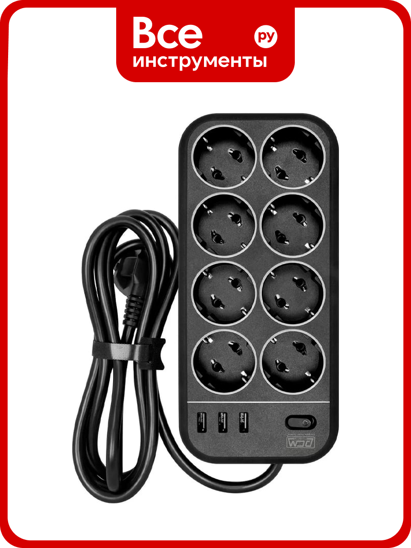 Сетевой фильтр POWERCOM SP-08 USB03AB 3,0 m, 8 розеток, черный, коробка