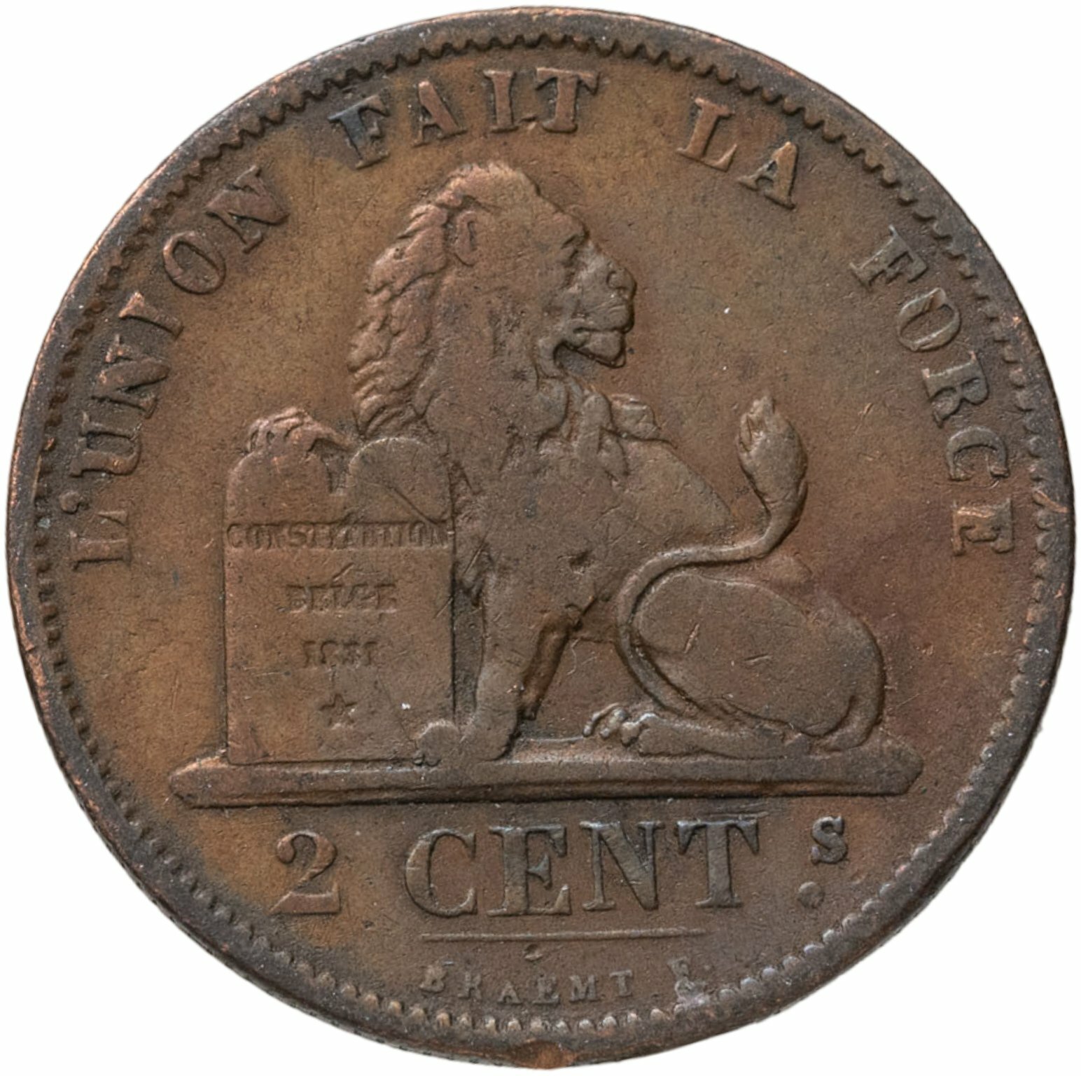 Бельгия 2 сантима centimes 1875 Надпись на французском - 'DES BELGES', Медь, в сохранности VF