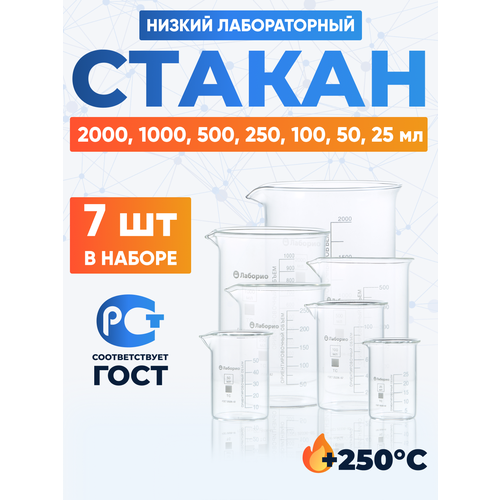 Набор лабораторных стаканов 2000, 1000, 500, 250, 100, 50, 25 мл (тип Н, низкий с делениями и носиком, термостойкий)