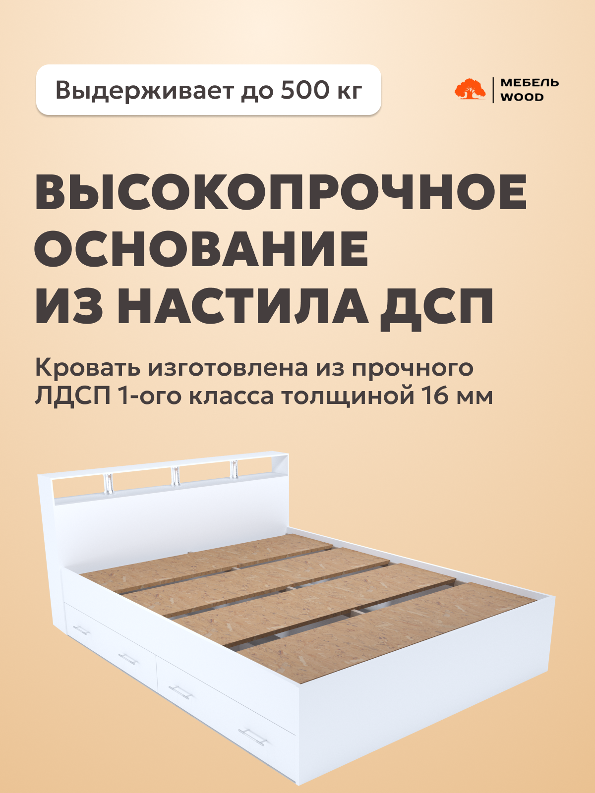 Кровать с ящиками двуспальная 180х200 Саломея люкс с матрасом на зависимых пружинах, белая — фото 1