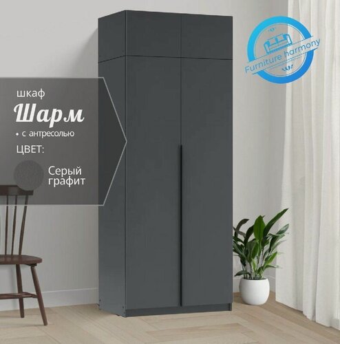 Изображение товара Шкаф распашной для одежды Шармэ 2-х дверный серый графит, модульный, с доводчиками и антресолью, размер 80.1х50.6х260 см