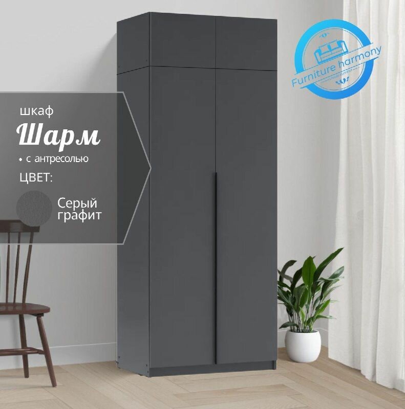 Шкаф распашной для одежды Шармэ 2-х дверный серый графит, модульный, с доводчиками и антресолью, размер 80.1х50.6х260 см