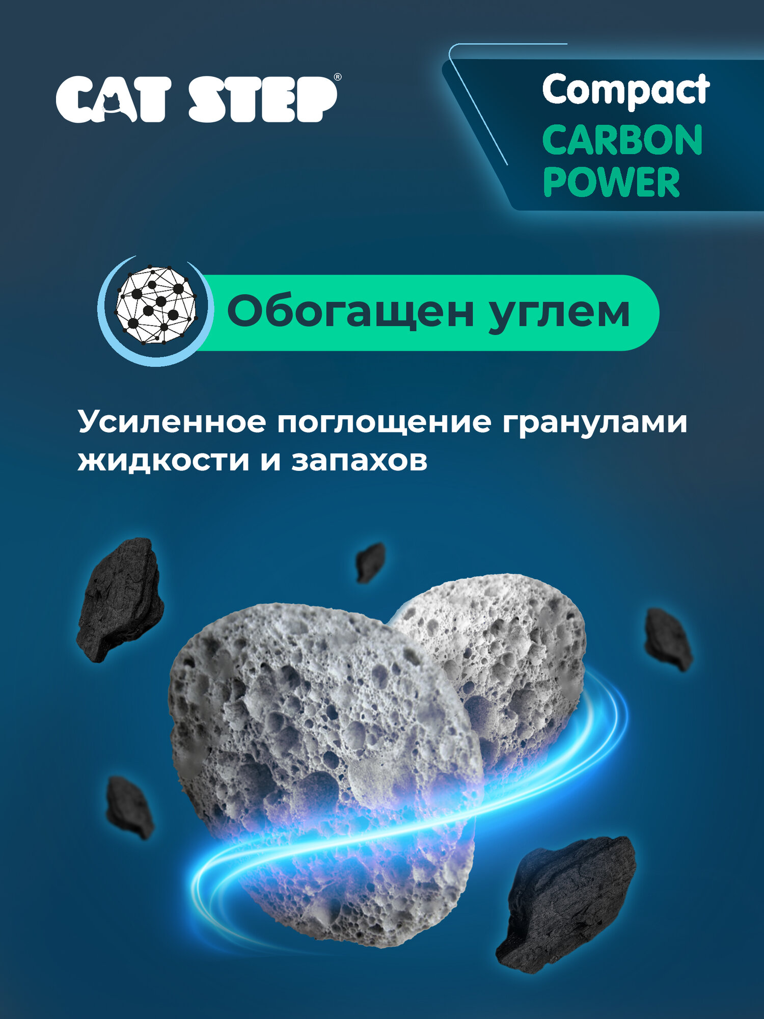 Наполнитель для кошачьего туалета комкующийся минеральный CAT STEP Compact Carbon Power, 10 л — фото 1