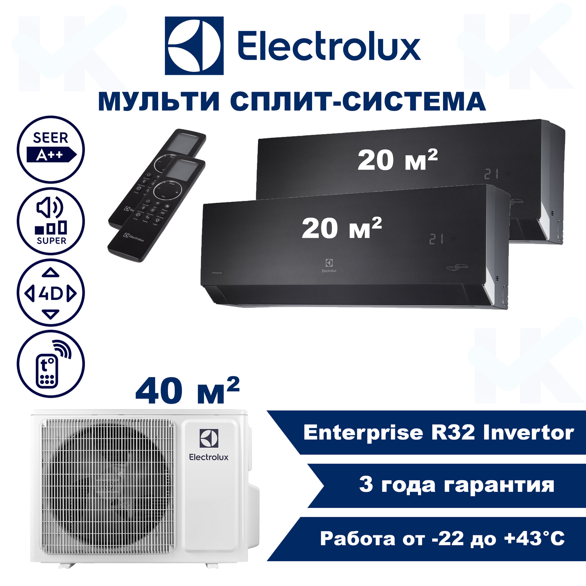 Мульти сплит-система Electrolux Enterprise на 2 комнаты (20м2+20м2) EACS/in 09-09 HEN_BL + EACO/out-14 (14000 BTU) кондиционер инверторный, комплект, черный