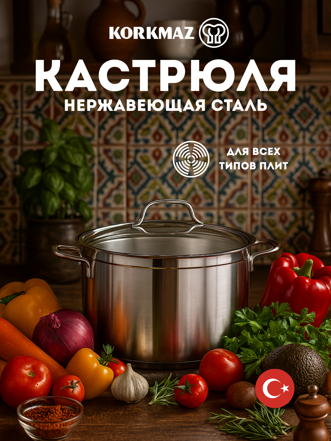 Кастрюля KORKMAZ PERLA A1654 2,3 л, 18×9 см, нержавеющая сталь с крышкой