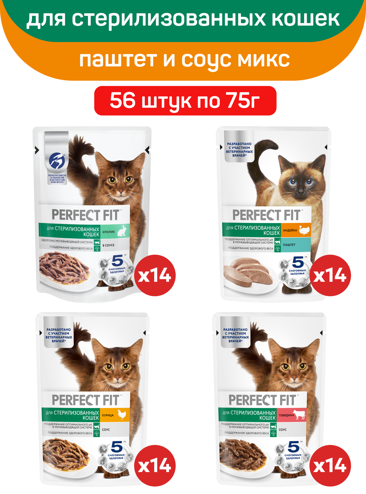 Влажный полнорационный корм PERFECT FIT для стерилизованных кошек, микс вкусов: индейка, курица, говядина, кролик, 56 шт по 75 г