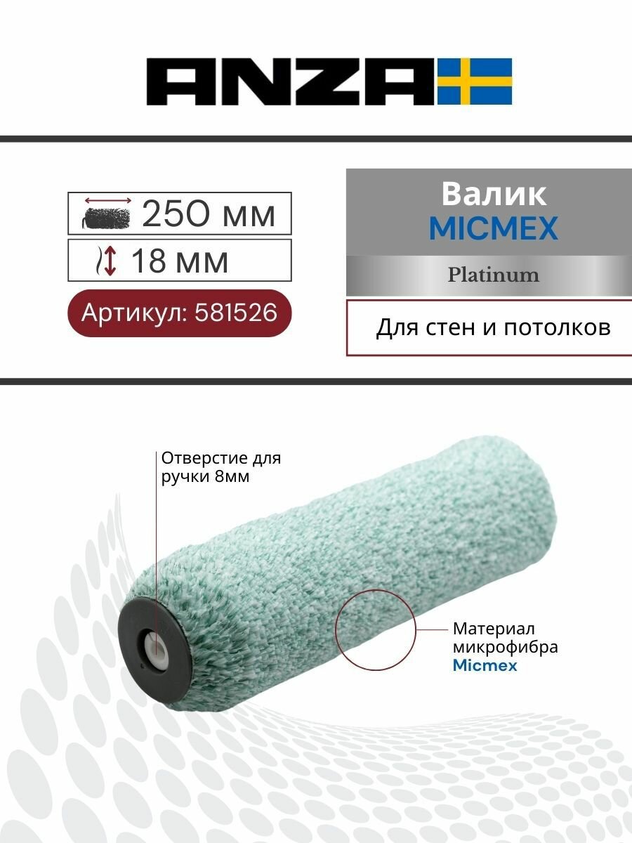Валик малярный для краски стен и потолков 250 х 48 мм Anza Platinum Микмекс 581526