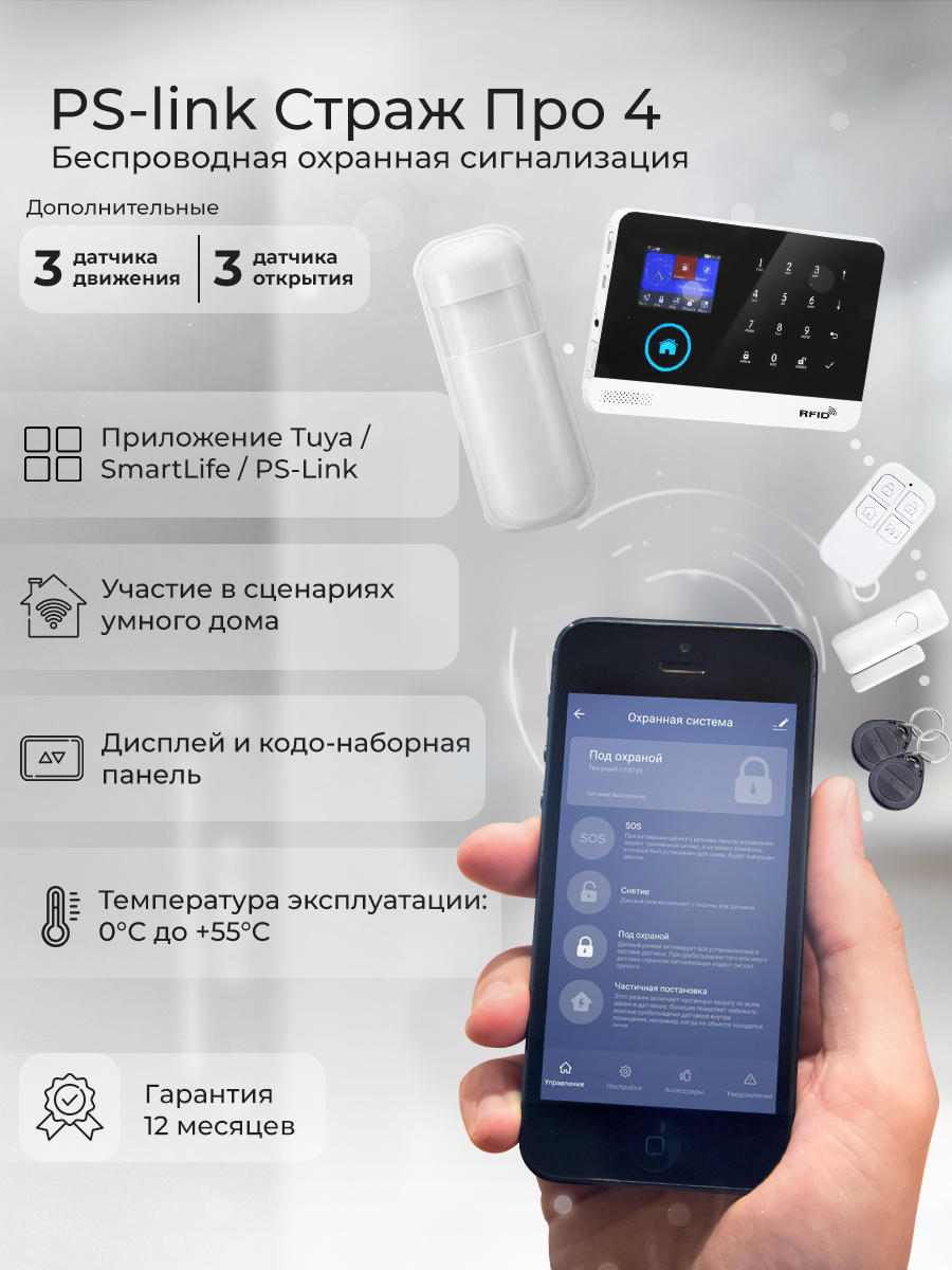 Комплект охранной GSM/WIFI сигнализации Ps-Link WG103TB-6, 3 датчика движения и 3 датчика открытия