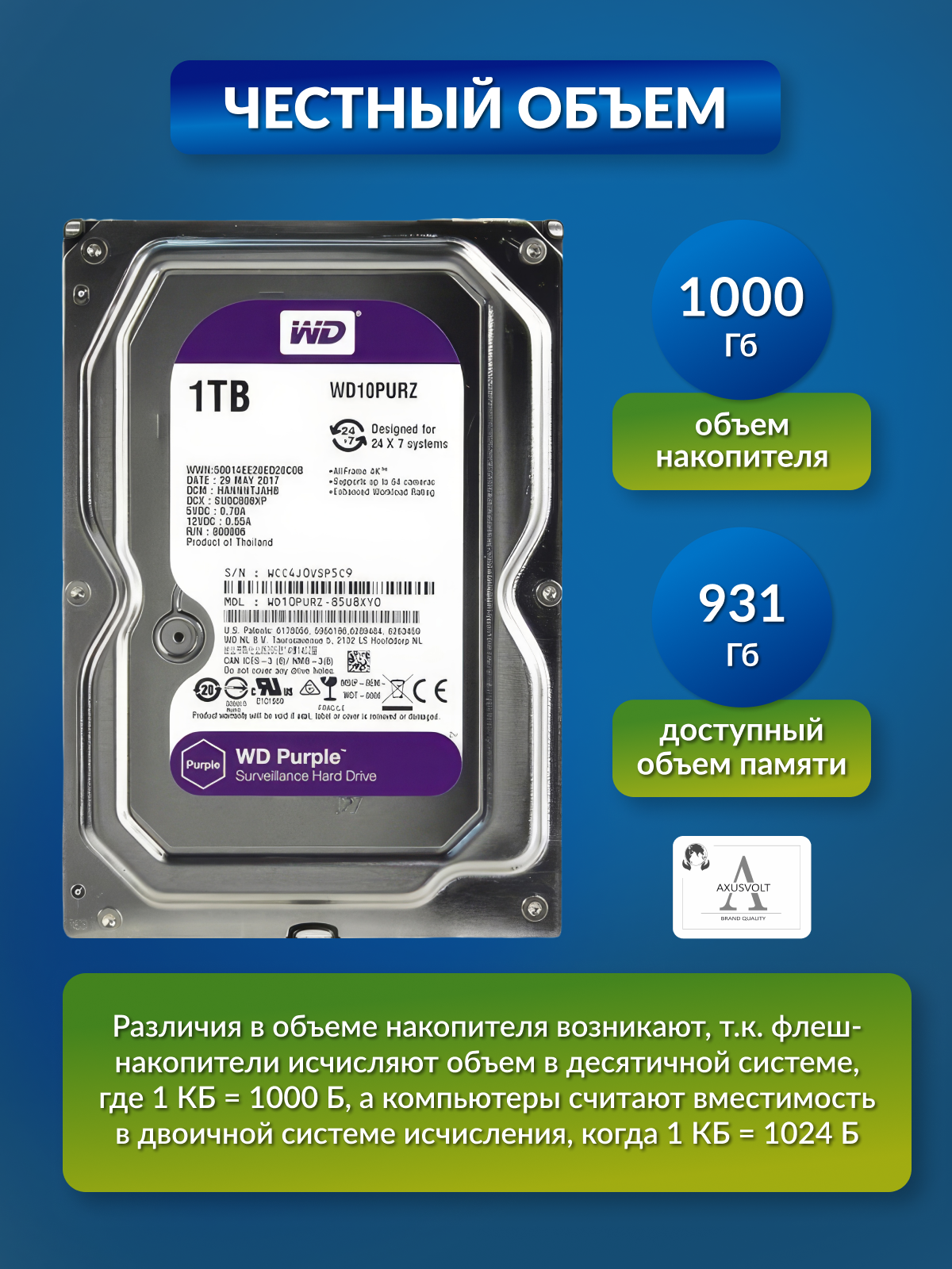 Жесткий диск AXUSVOLT WD10PURZ, 1ТБ, для систем видеонаблюдения — фото 1