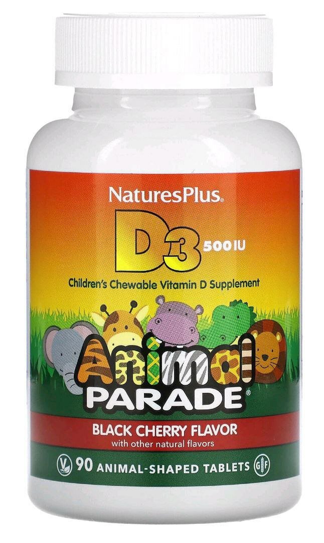 NATURES PLUS, витамин D3 для детей жевательные таблетки, 12,5 мкг (500 МЕ), 90 таблеток