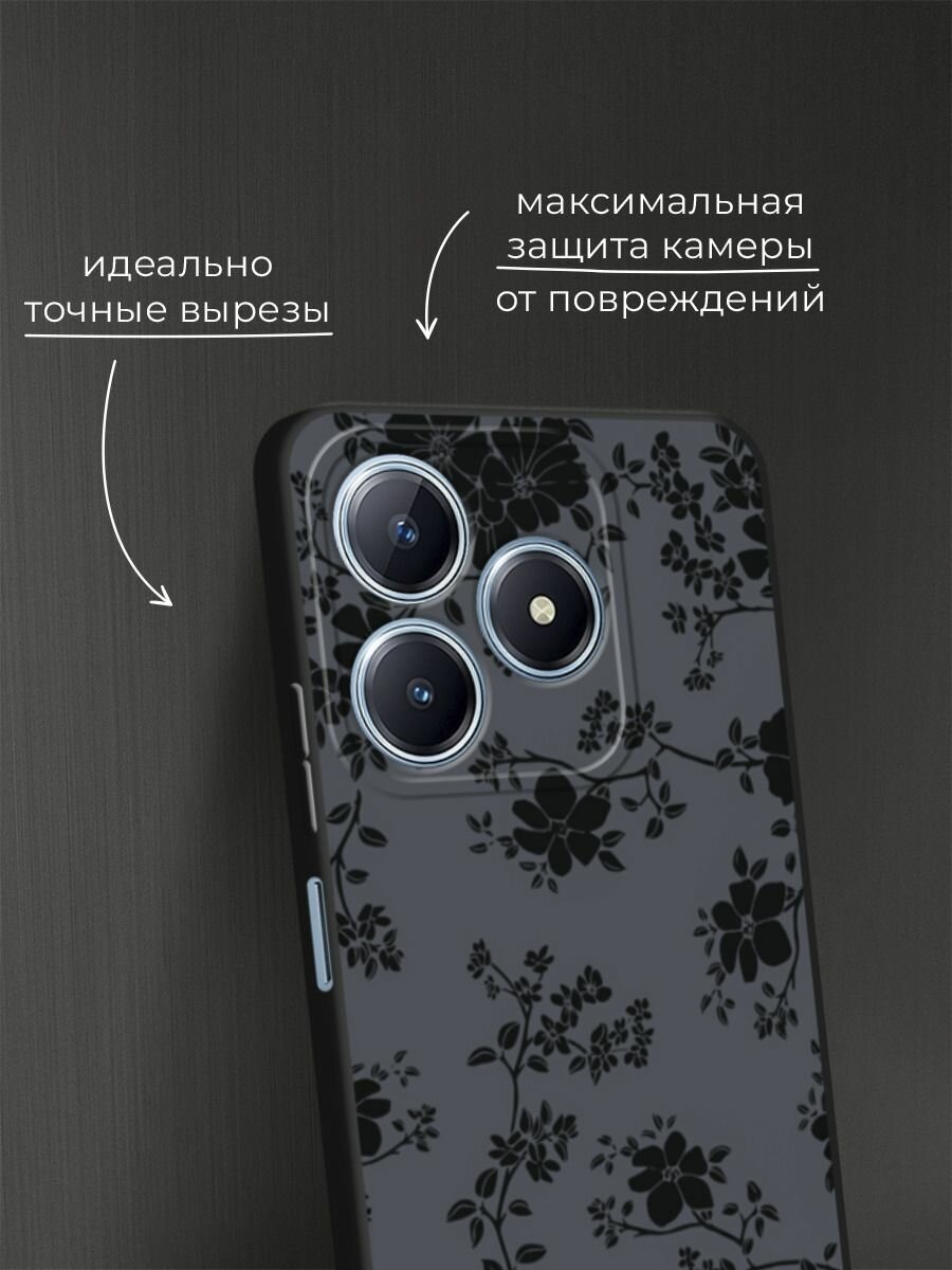 Черный матовый чехол на Realme C63 / Реалми С63 с принтом Черные цветы на сером — фото 1