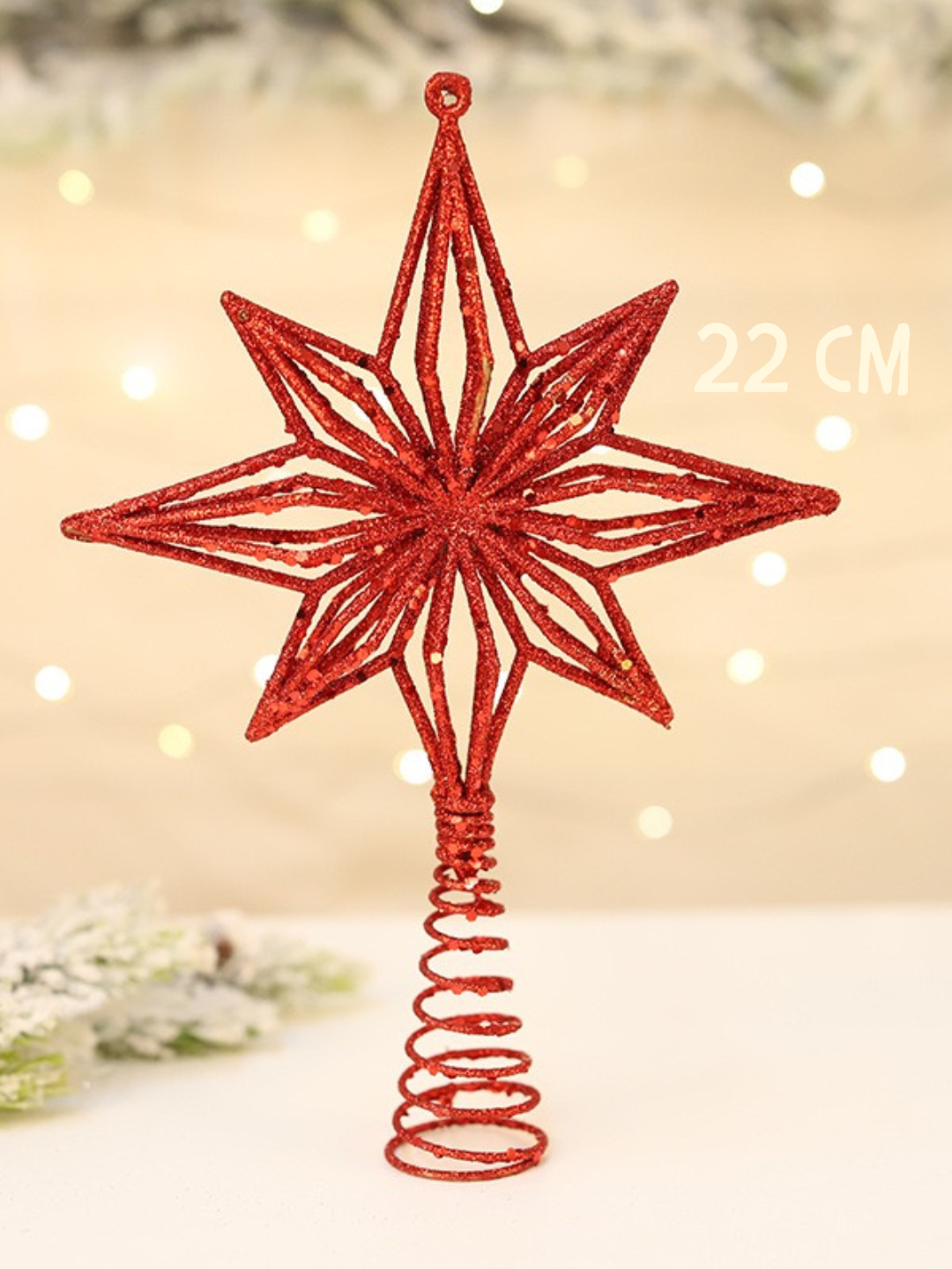 Звезда на елку верхушка, елочная звезда, металлическая, с блеском, красная, для украшения — фото 1