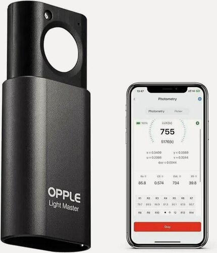 Изображение товара Фотометр OPPLE Light Master: тестер для светодиодных фонарей с 4 режимами измерения Люкс, CRI, DUV, R1-R14, мерцания, сенсор света, поддержка Bluetooth, iOS, Android