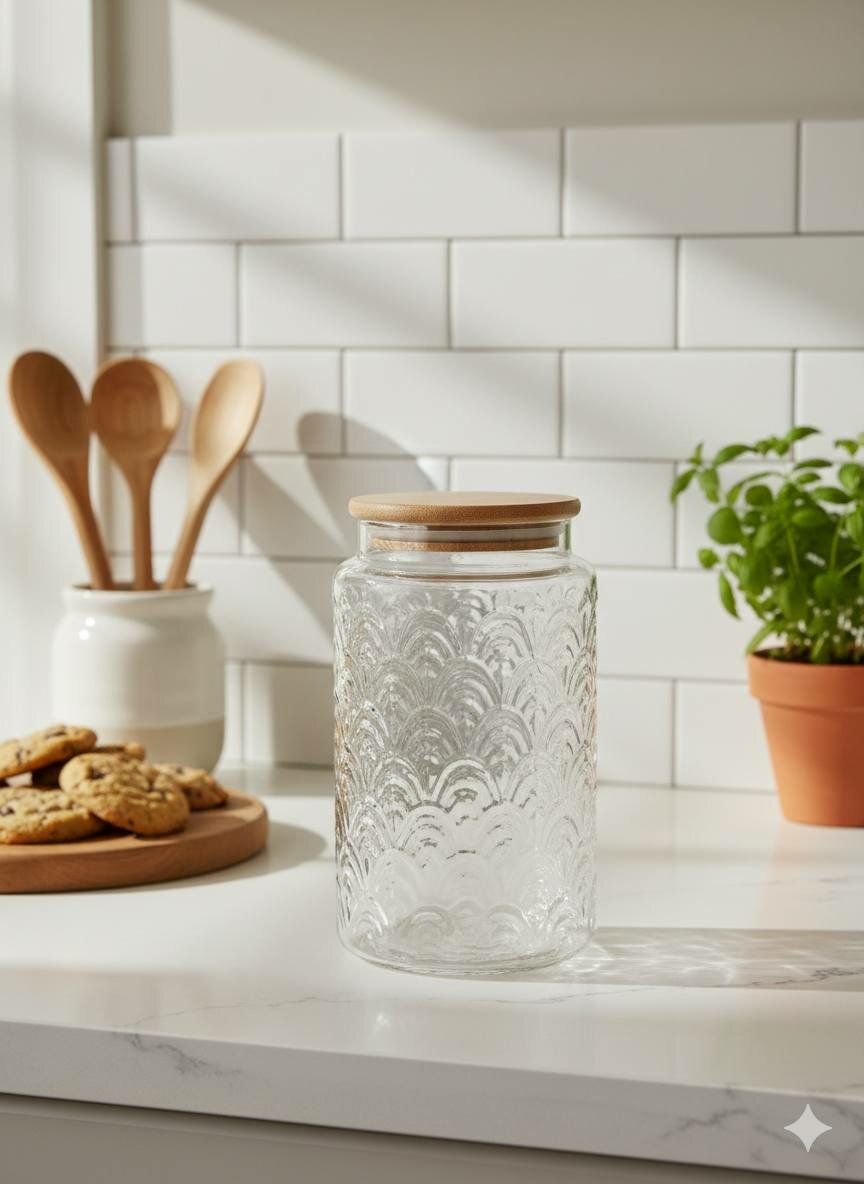 Стеклянная банка для хранения «Волна» из прозрачного фактурного стекла с крышкой, объём 1000 мл (X-GL10)
