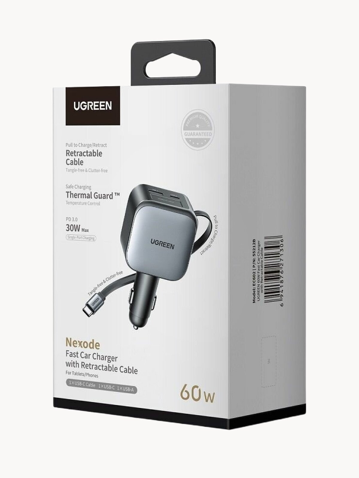 Автомобильное зарядное устройство UGREEN EC602 (55212B) 60W с выдвижным кабелем USB-C. Цвет: металлик