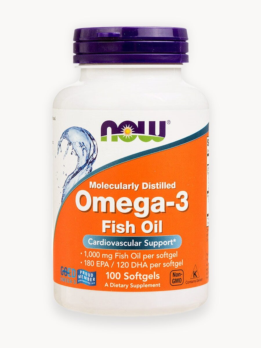 NOW Омега 3 1000мг 100 капсул, Рыбий жир, жирные кислоты, витамины для сердца и сосудов, для мозга и иммунитета взрослым