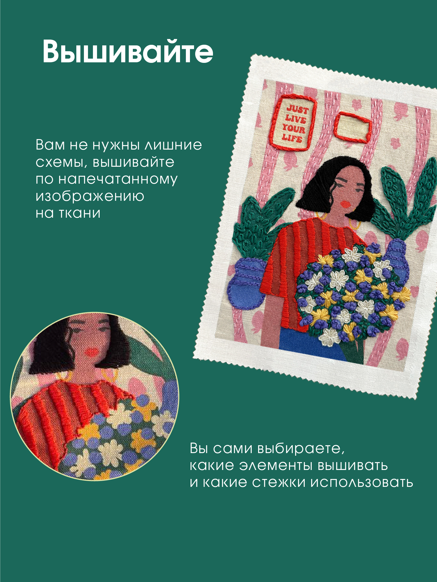 Подарочный набор для вышивания Не белый лист "Девочка с цветами" вышивка в свободной технике, гладью, с обучением — фото 1