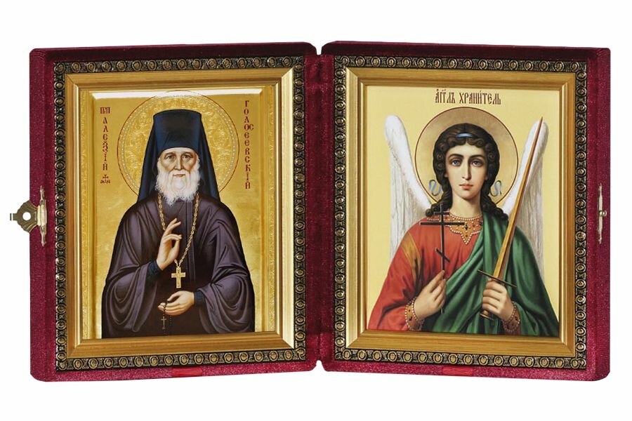 Икона складень Алексий Голосеевский Киевский Преподобный и Ангел Хранитель в бархатном футляре 10х11 см