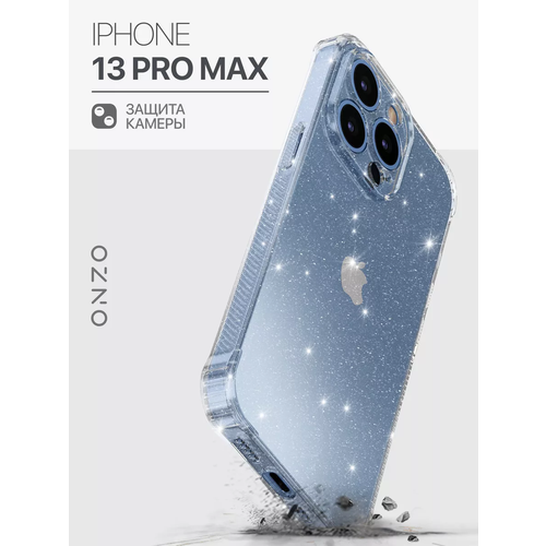 фото Чехол на iphone 13 pro max с усиленными углами и с ребристыми гранями / бампер на айфон 13 про макс прозрачный с блестками onzo