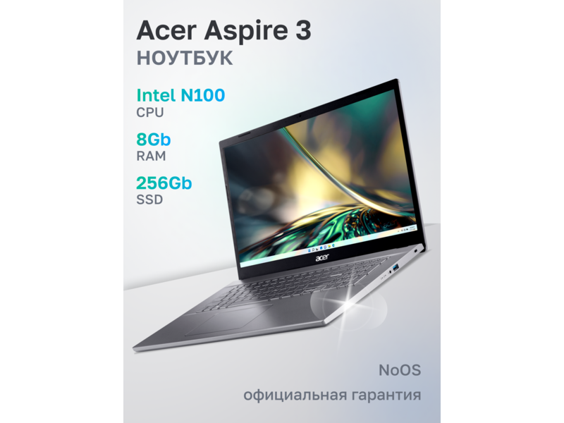Ноутбук Aspire 3 A317-55P-C5KT Intel Processor N100/8Gb/SSD256Gb/17.3"/IPS/FHD/1920x1080/60Hz/NoOS/Silver (NX. KDKCD.008)
