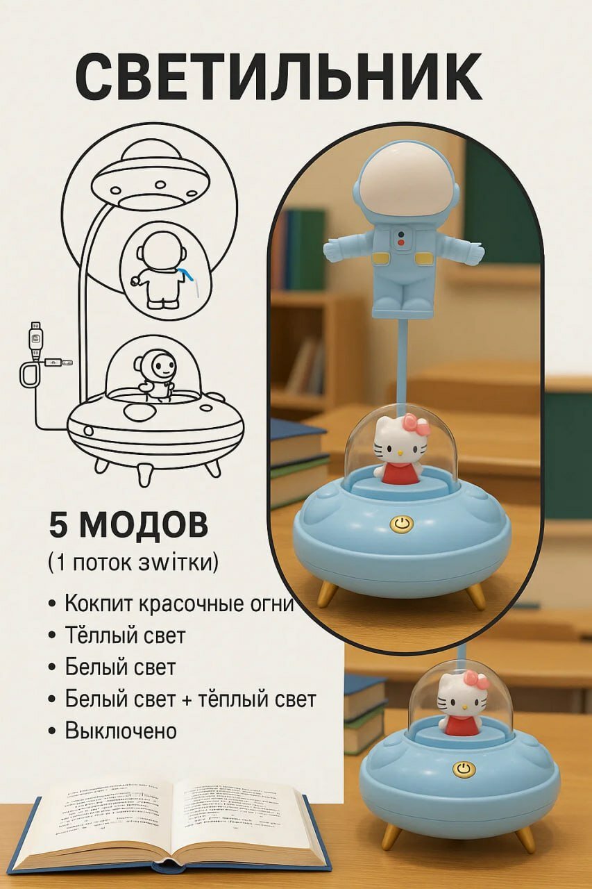 Светодиодная настольная лампа с изображением персонажа мультфильма. Мягкий свет, вращение на 360°, весёлая и подходит для детей. Идеальный выбор для чтения и использования перед сном.