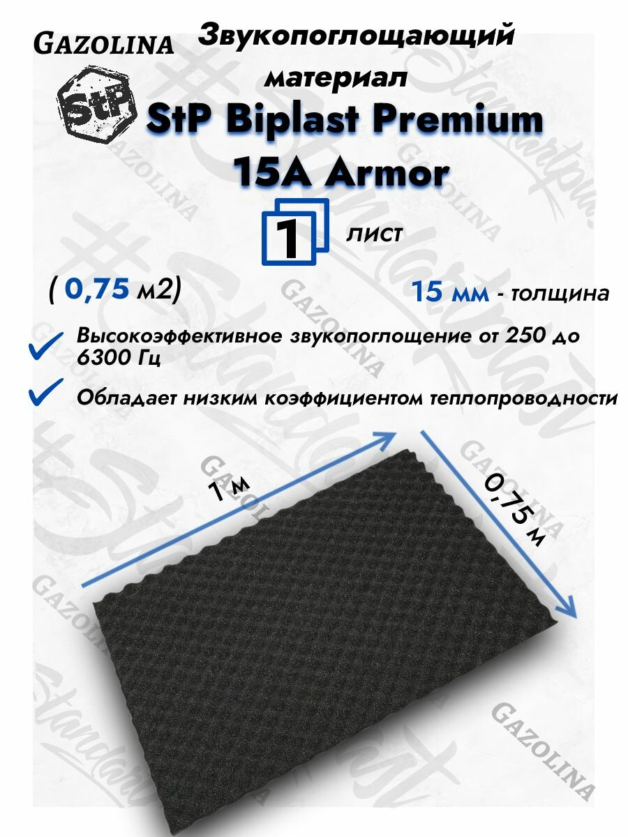 Акустический поролон StP Biplast premium 15 a armor (1м х 075м) 1 лист / Шумоизоляция для автомобиля Волна / Звукопоглощающий материал Бипласт премиум 15 а армор