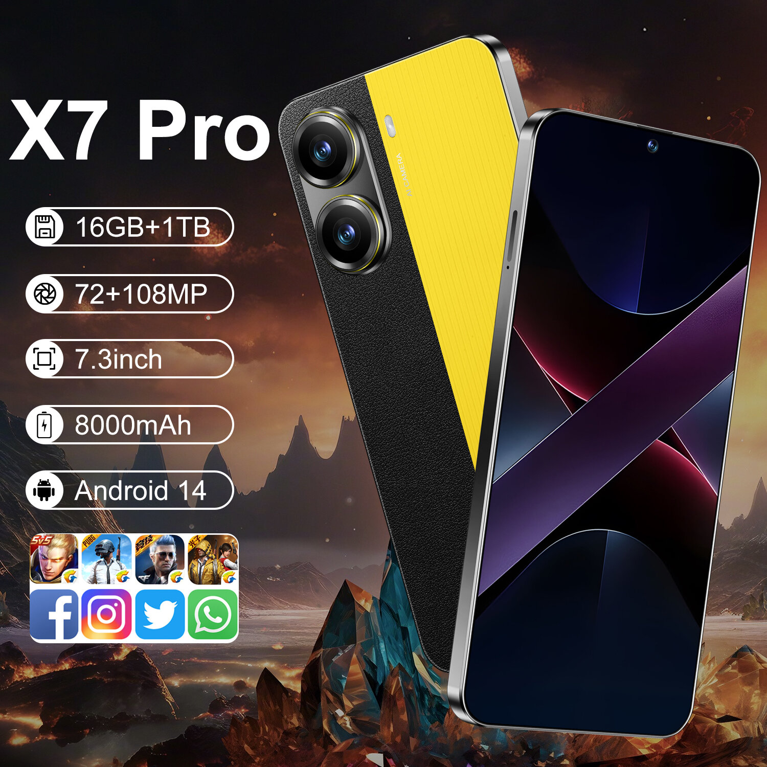 Смартфон X7 Pro Ростест (EAC) 12/512 ГБ, желтый，Dual: nano SIM + eSIM，Мобильный телефон