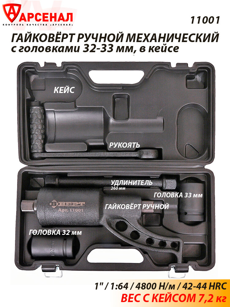 Гайковерт ручной механический (мясорубка) головки 1"-32, 33 мм 1:64 (4800 Н/м) ВЕРТ в кейсе, 11001