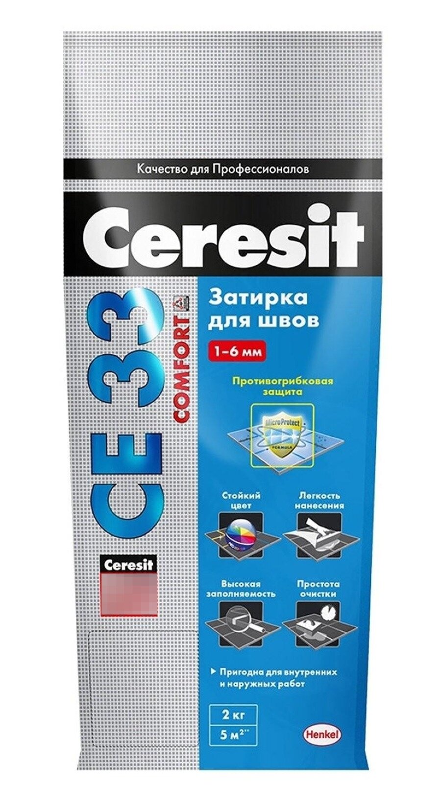 Затирка Ceresit / Церезит СЕ33 Comfort для плиточных швов сухая с противогрибковым действием цементная цвет серо-голубой 85 2кг / строительные смеси