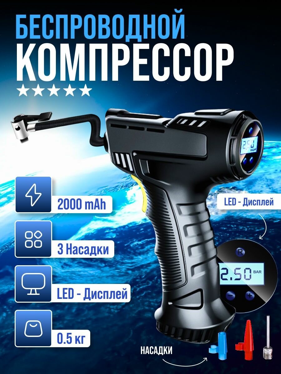 Компрессор автомобильный аккумуляторный для подкачки шин /насос с цифровым манометром для накачки колес матрасов мячей и шаров