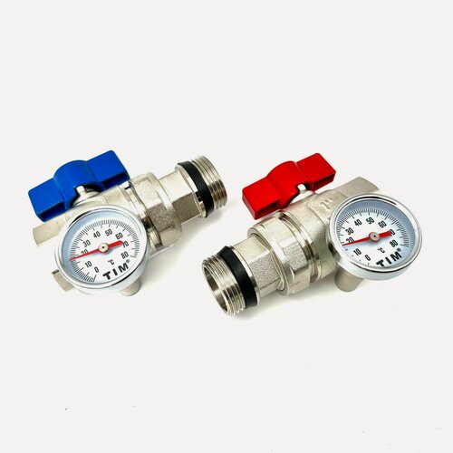 Изображение товара Шаровые краны комплект 1" ВР/НР с американками, термометрами (пара: красная + синяя бабочка), TIM, M308-4T