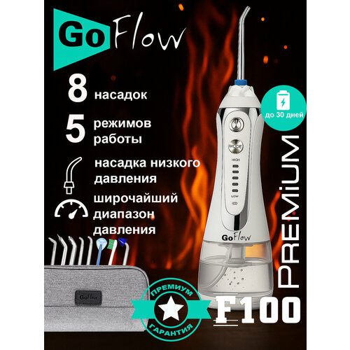 Ирригатор портативный GoFlow F100 Premium c широчайшим диапазоном 20-970кПа, 9-насадок (2 низкого давления),5-режимов,300мл, премиальная гарантия