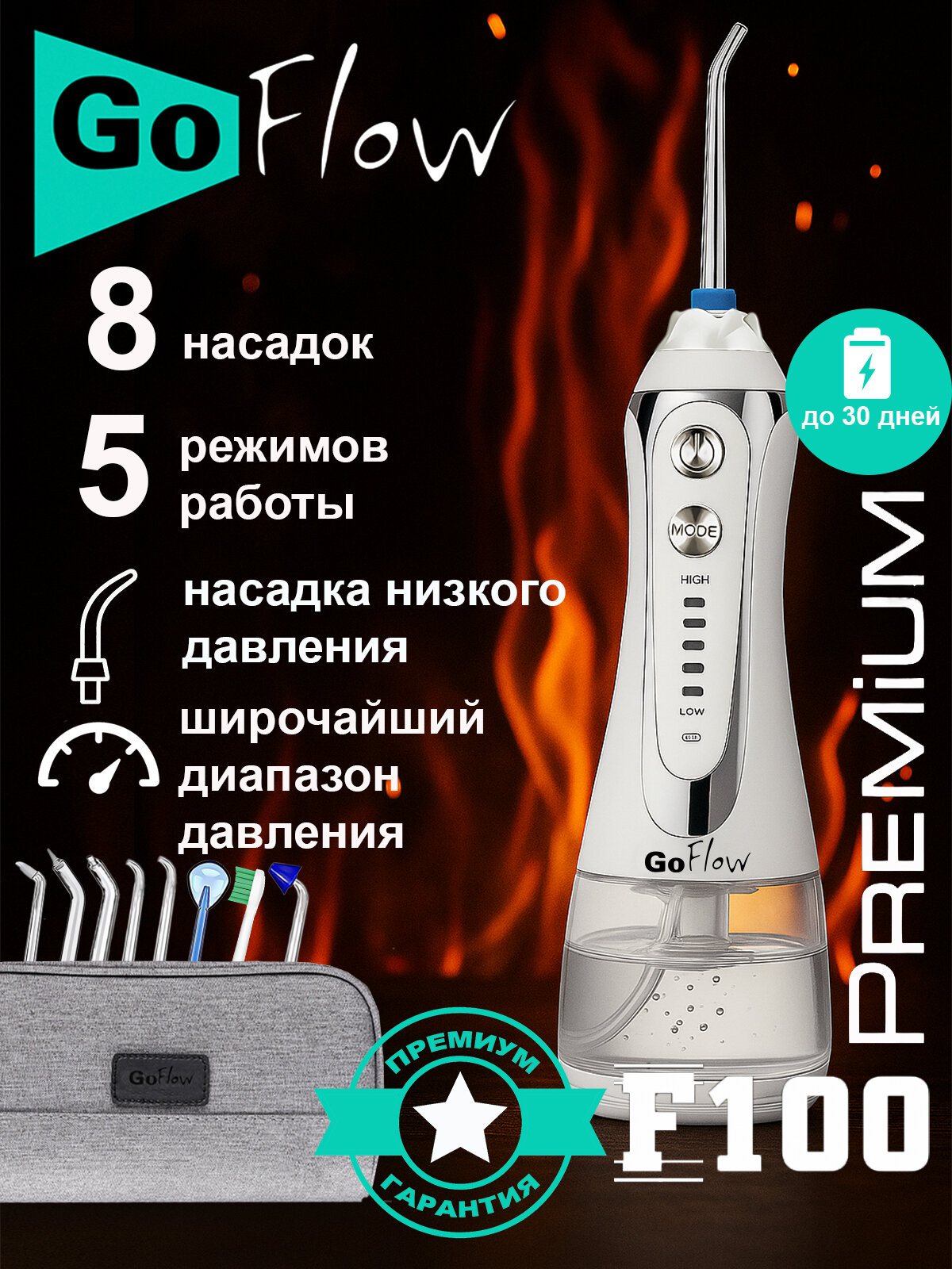 Ирригатор портативный GoFlow F100 Premium c широчайшим диапазоном 20-970кПа, 8-насадок (2 низкого давления),5-режимов,300мл, ПРЕМИАЛЬНАЯ ГАРАНТИЯ