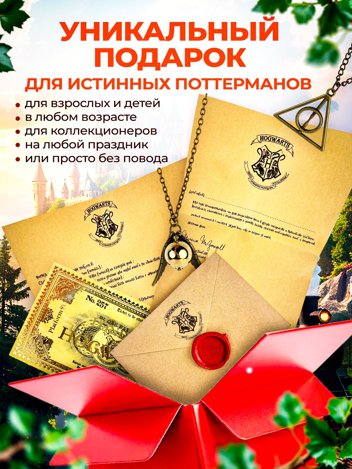 Оригинальное письмо из Хогвартса для самозаполнения + билет на Хогвартс-экспресс + кулоны Снитч и Дары Смерти Гарри Поттер / Harry Potter — фото 1