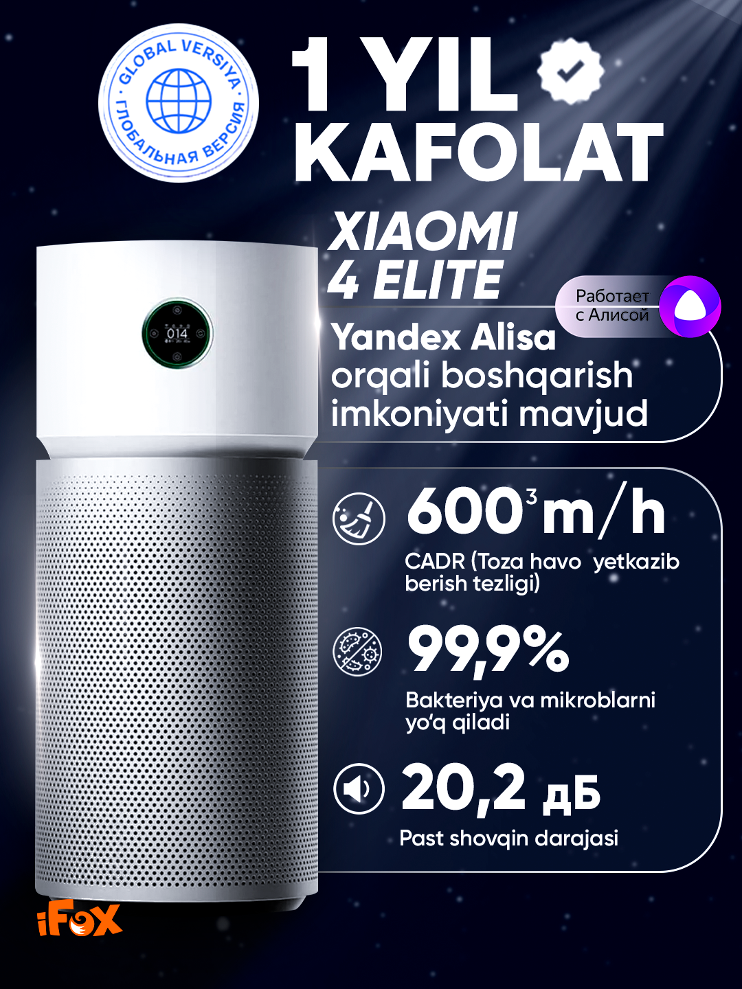 Очиститель воздуха Xiaomi "Smart Air Purifier Elite", HEPA-фильтр, УФ лампа, дисплей, сенсорное управление, 3 скорости