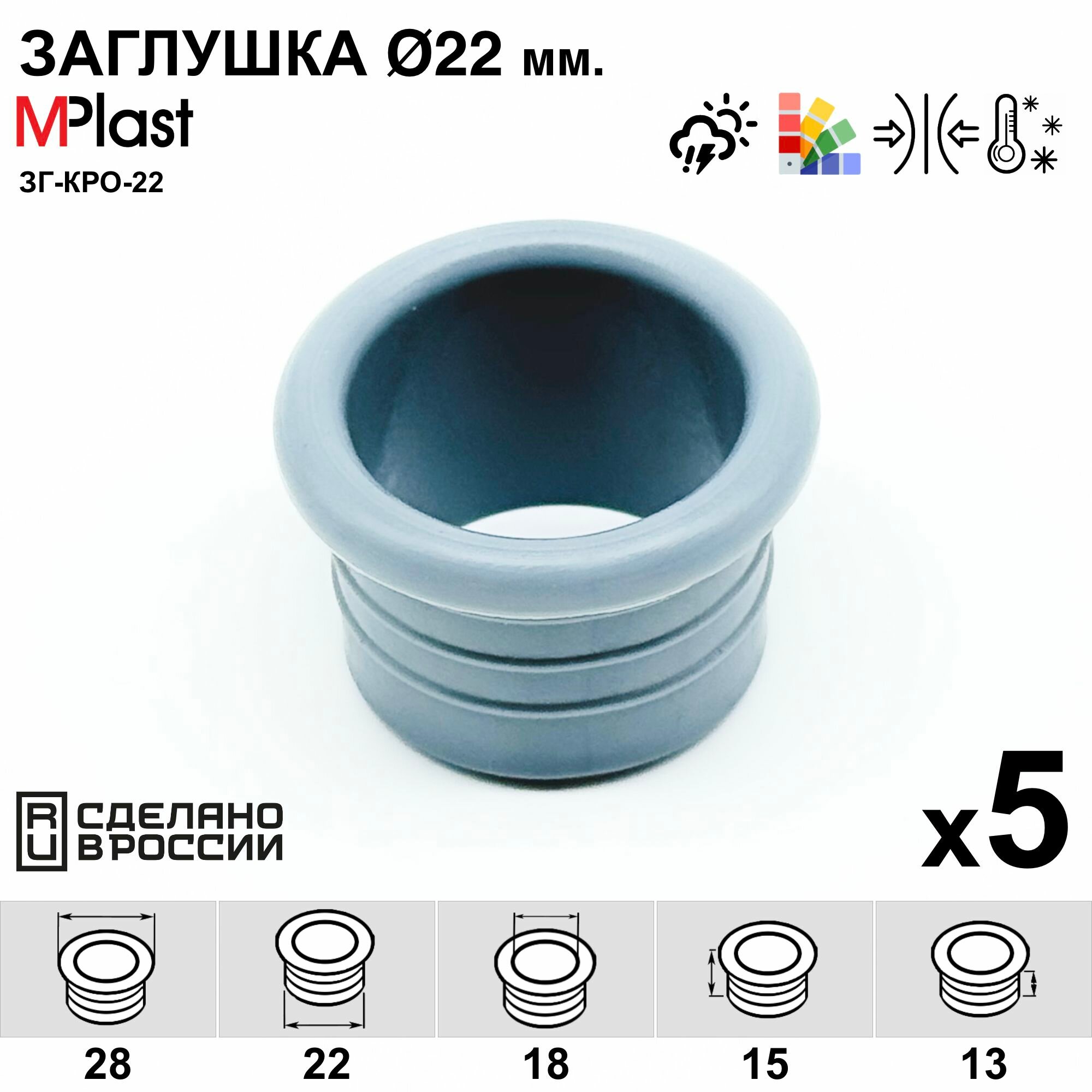 Заглушка круглая 22 мм с отверстием для кабеля декоративная для труб и профилей пластиковая мебельная серая 5 шт.