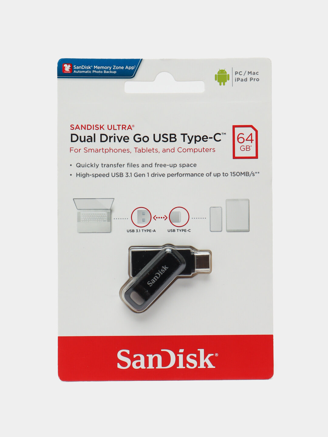 Флеш-накопитель 64ГБ, SanDisk Ultra Dual Drive OTG Type-C USB 3.1 — скорость до 150 МБ/с, два разъёма