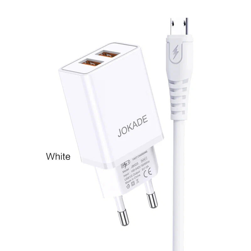 Зарядное устройство Jokade, JB024, 3A, 2 порта, кабель Micro USB, белое — фото 1