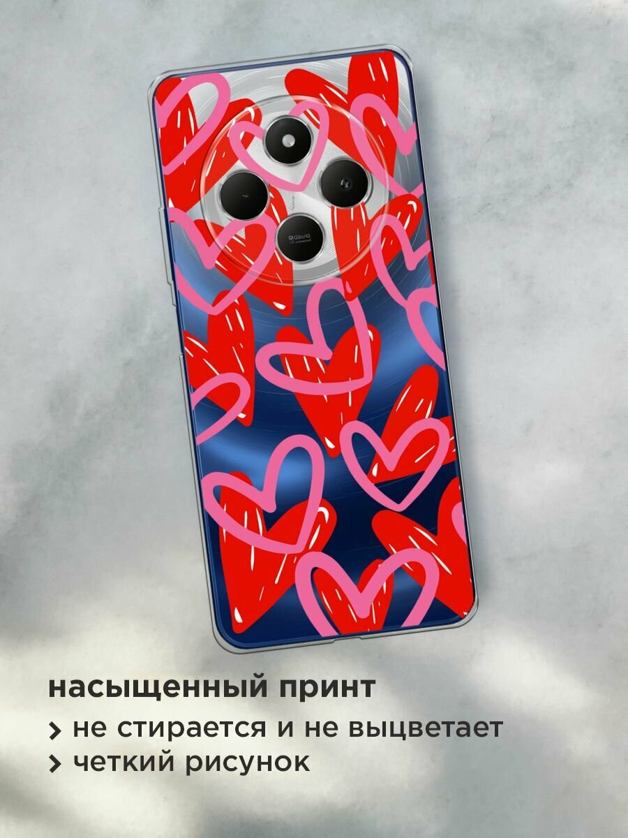 Чехол на Xiaomi Redmi 14C/Poco C75 4G/Redmi A4 5G/Poco M7 5G с принтом "Hearts doodles - 14 февраля", прозрачный — фото 1