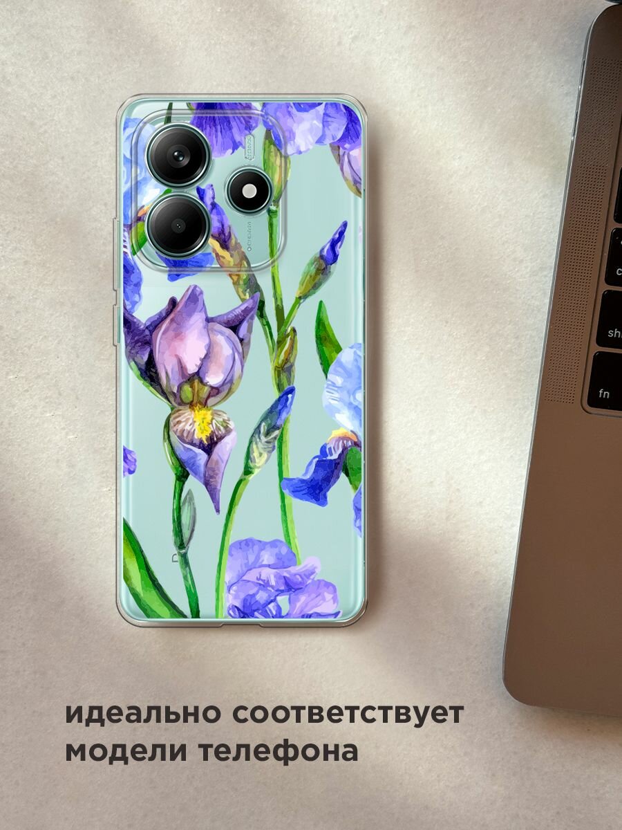 Чехол на Xiaomi Redmi Note 14 4G / Редми Нот 14 4G с принтом "Синие ирисы", прозрачный — фото 1