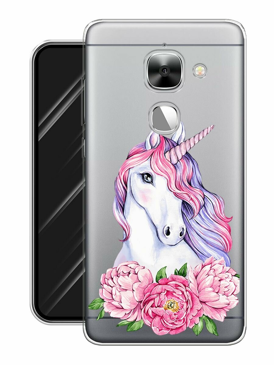 Чехол на LeEco Le 2/2 pro / Лееко Ле 2/2 про с принтом "Единорог с пионами", прозрачный — фото 1