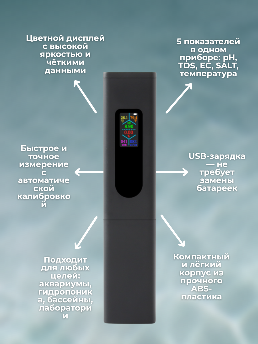 PH метр, тестер воды YIERYI 5 в 1 (pH / TDS / EC / SALT / TEMP) — фото 1
