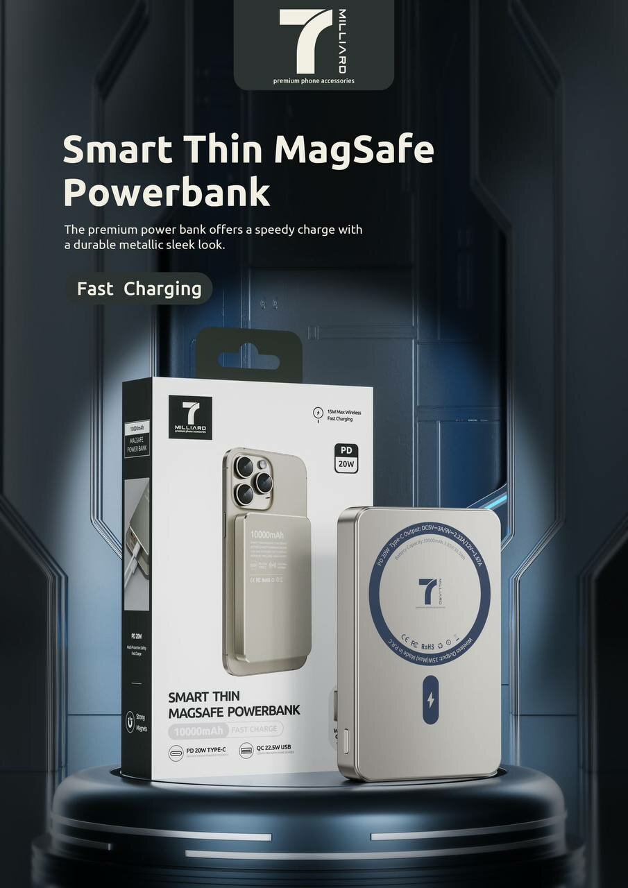 Внешний аккумулятор 7 Billion Power Bank 10000 мАч 20 Вт PD Type-C с быстрой зарядкой, беспроводной зарядкой 15 Вт