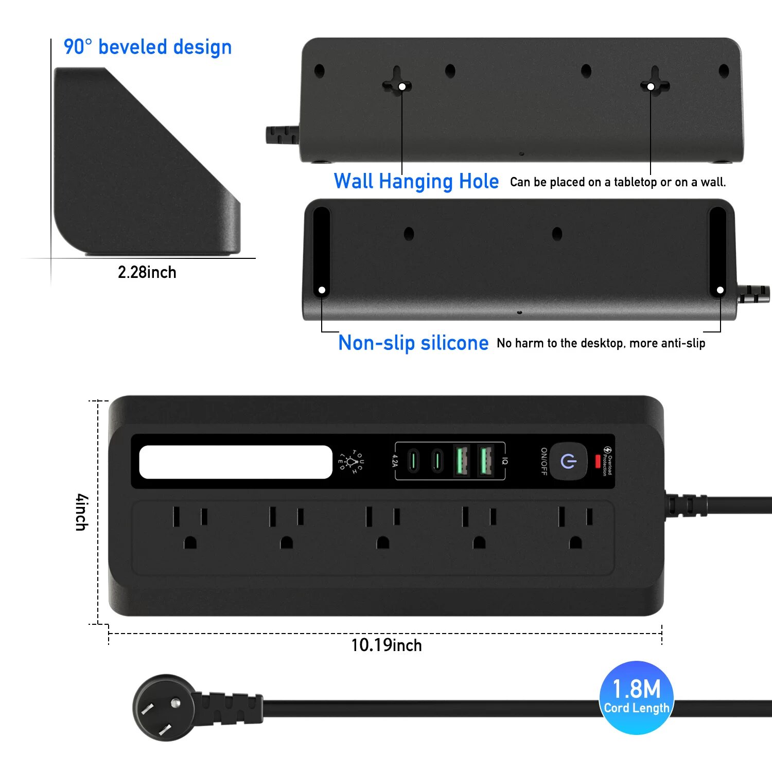 Черный Удлинитель на 5 розеток с ночным светом, USB, защитой от перегрузки, 1.8м, вилка США 3-штырь