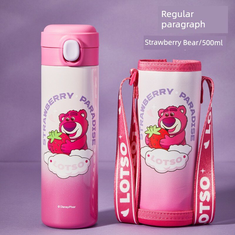 Кружка Strawberry Bear розовая 500 мл, одноразовое питье, пищевая нержавеющая сталь 316, портативная школьная бутылка